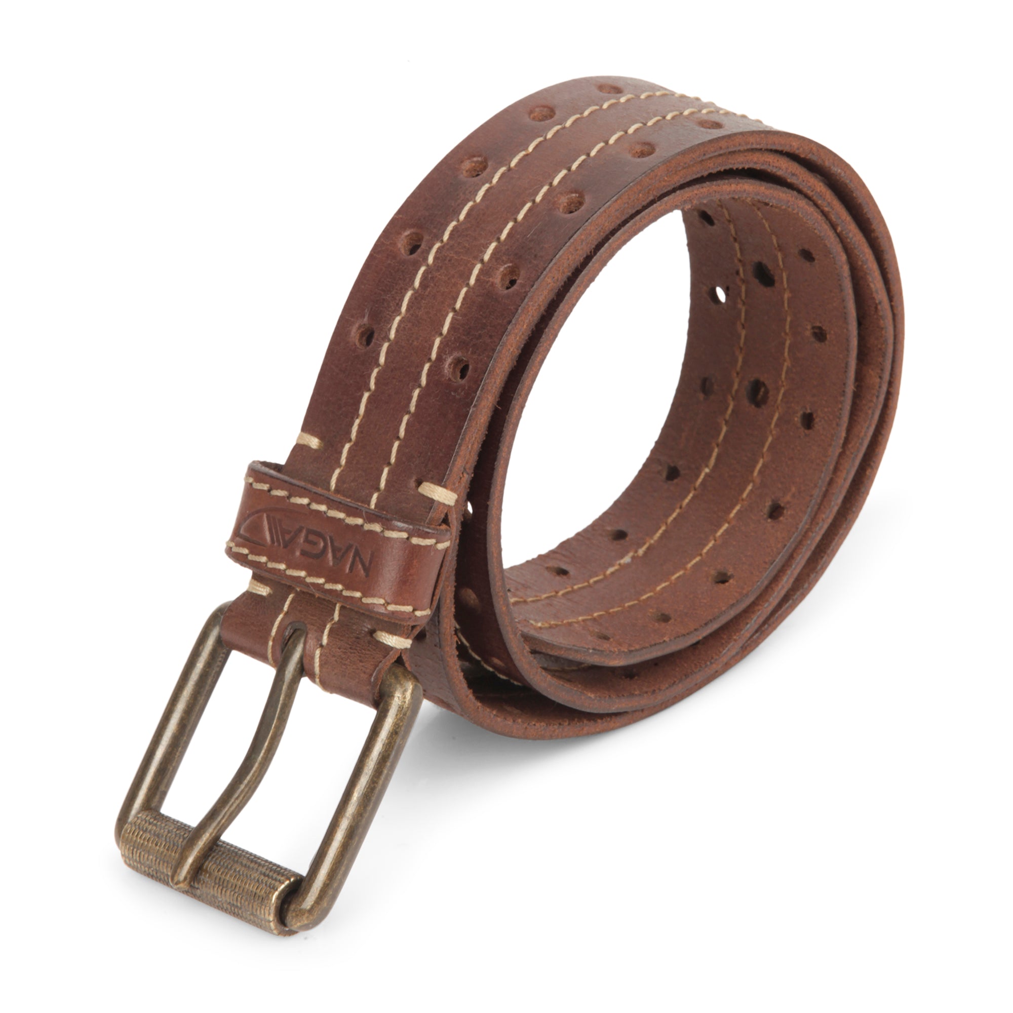 Handmade Round Punched Brown Casual Leather Belt