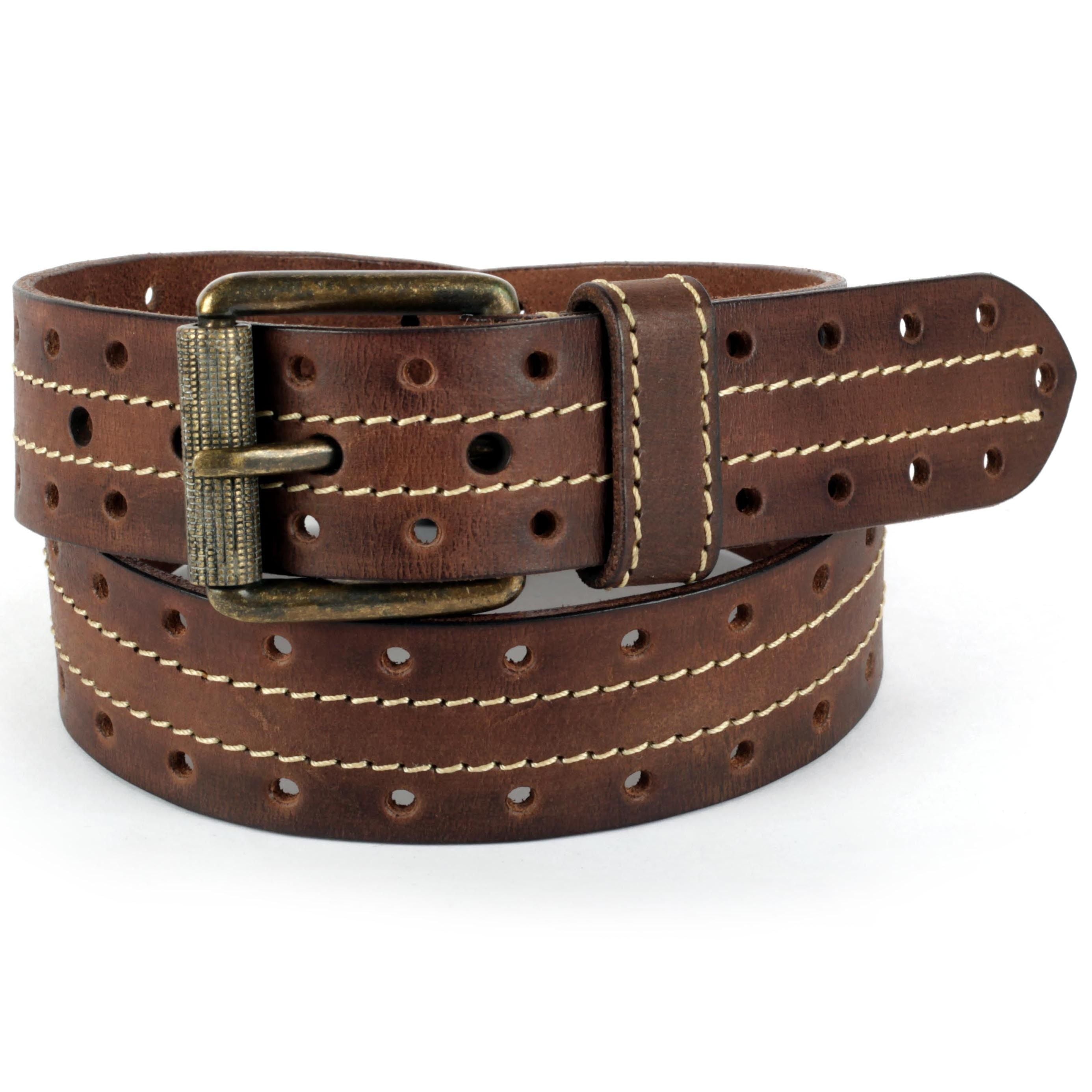 Handmade Round Punched Brown Casual Leather Belt