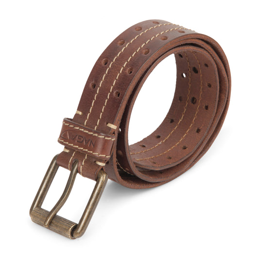 Handmade Round Punched Brown Casual Leather Belt
